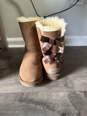 UGG Chestnut Suede Shearling Boots with Bow Detail